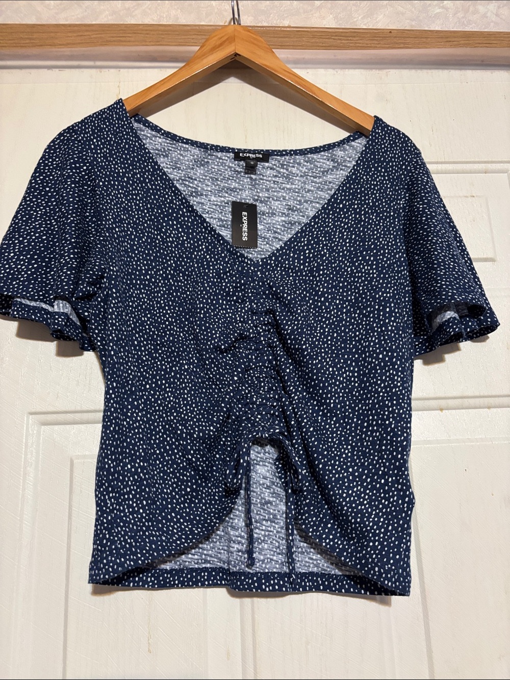 Express Navy Dot V-Neck Tie-Front Crop Top
